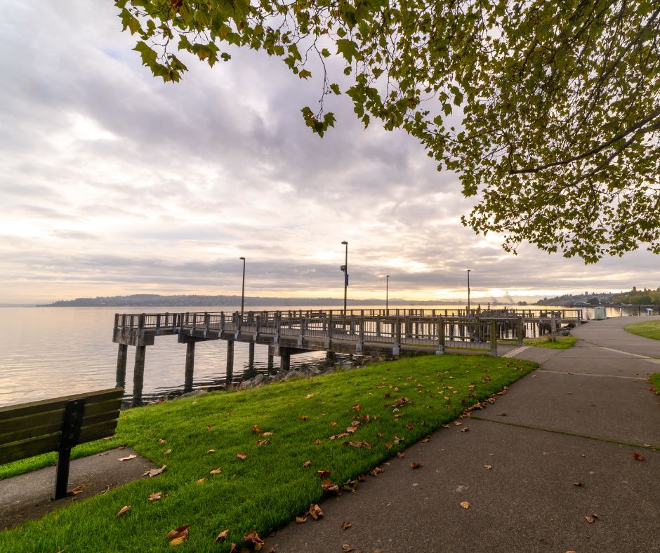 waterfront photo of a pathway and dock for people visiting Kirkland's lakeside