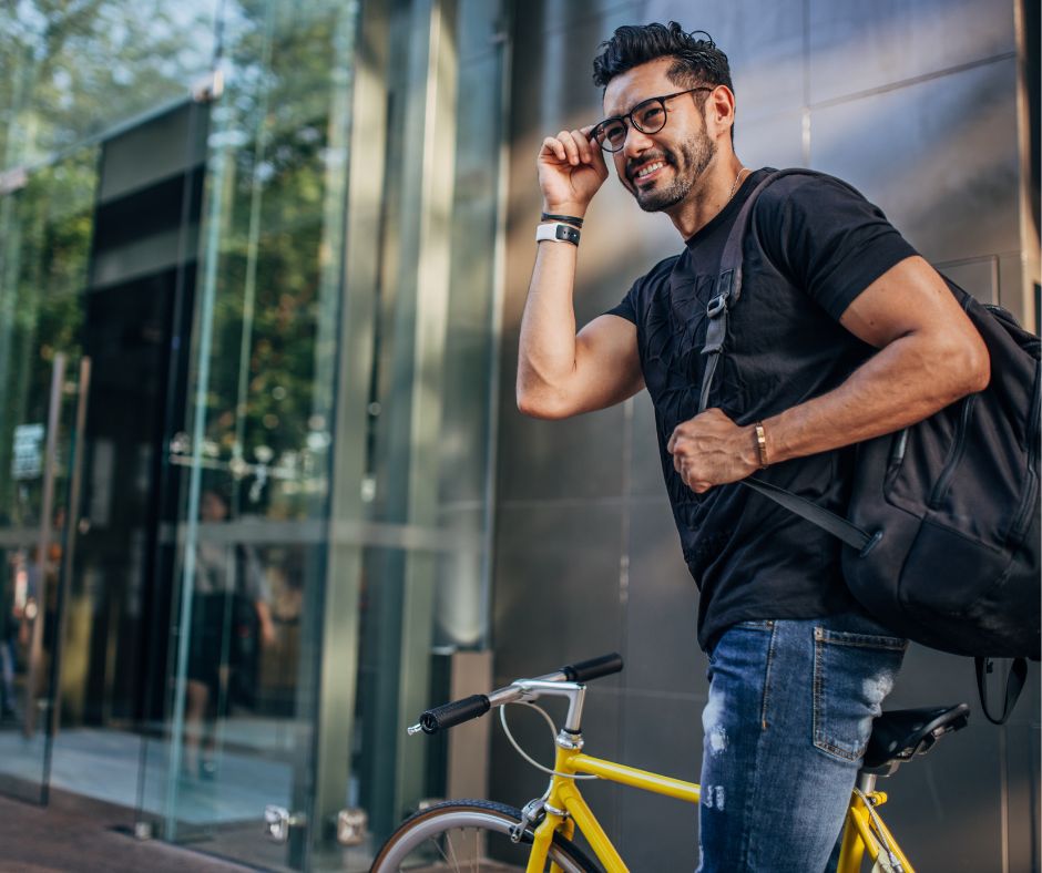 a business traveler commuting by bicycle in Seattle